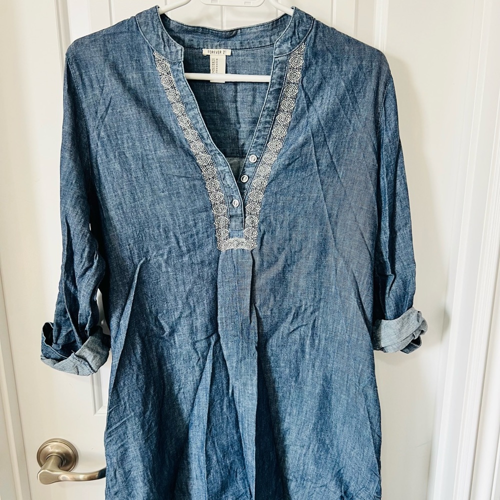 Forever 21 denim tunic. Pockets. Boho embroidered detail on front. Super cute.
